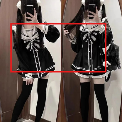 Jirai Kei Sailor Black Dress Lace Patchwork Slim Fit Dresses Japanese Sweet Inner Shorts Set JK School Uniform for Women Girls