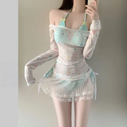 2026 Summer Women's Long Sleeve Bikini Set Korean Fashion Sweet Girl Swimsuit Slimming Beach Bathing Suit with Mesh Cover Up