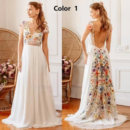 2025 New V-neck Embroidered Chiffon Wedding Dress Colored Decal Dew Back A-line Bridal Dress Customization