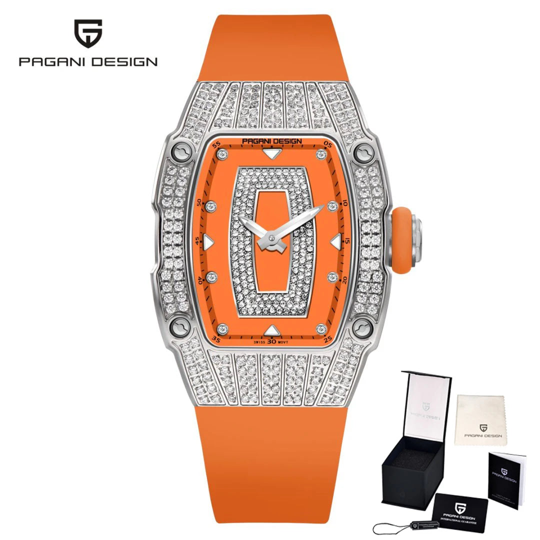 PAGANI DESIGN Top Luxury Diamond encrusted Women's Watch Fashion RubberWaterproof LuminousWine Bucket Case Women'sWatch+Gift Box