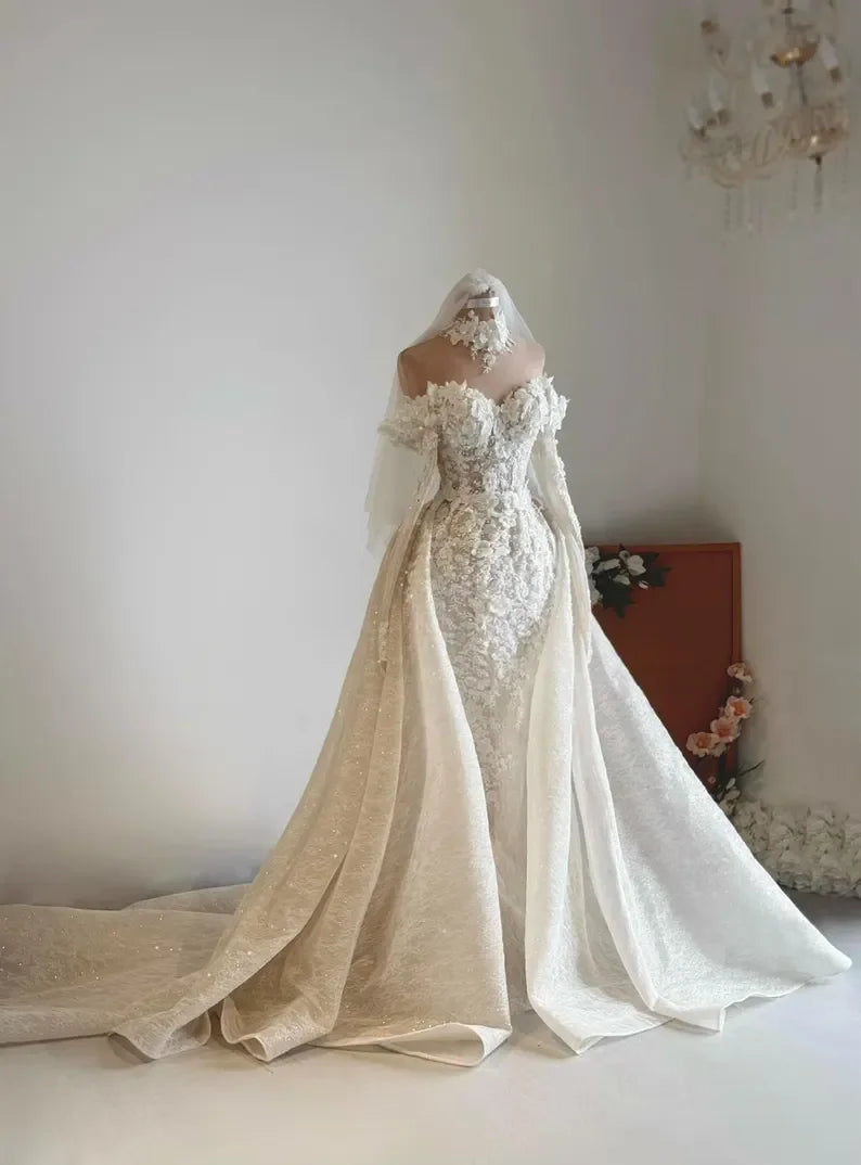 New Luxury Detachable Wedding Dress Off Shoulder 3D Floral Lace Beaded Mermaid Bridal Gown For Bride Formal Party Customize