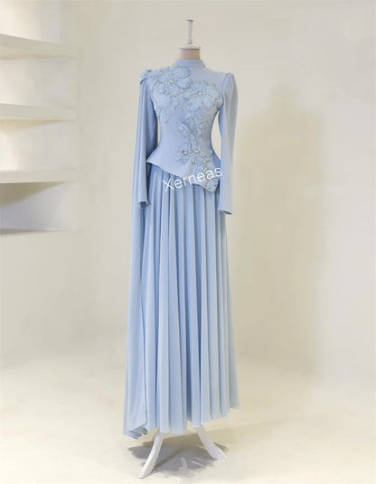 Customized  Applique Pattern Pleat High Collar A-line Long Dresses Bespoke Occasion Prom Luxury Evening Gown Gorgeous Formal