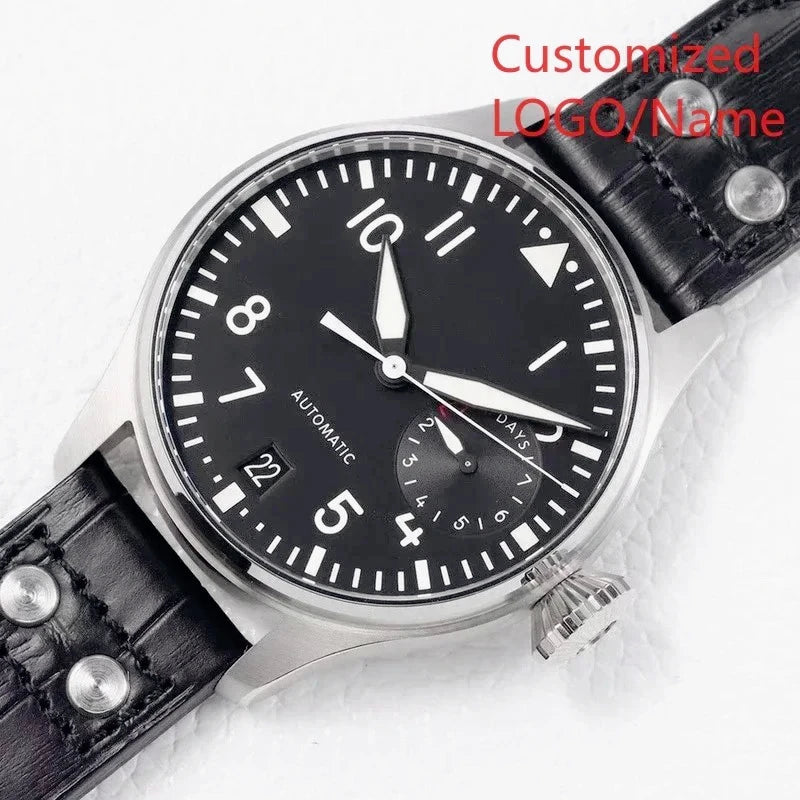 Fashion Sport Pilot Automatic Mechanical Watches High Quality Stainless Steel Case Elegant Black Blue Dial Vintage Brown Leather