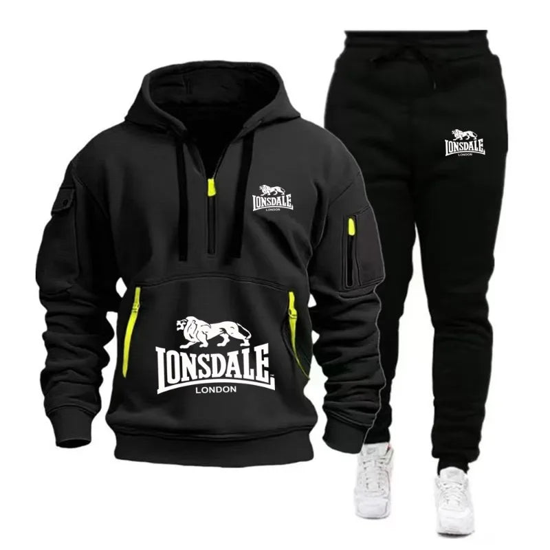 LONSDALE Men's Kangaroo Pocket Hoodie Set 2026 New Autumn Winter Fleece Sweatshirt + Sports Pants 2 Piece Tracksuit Casual Fitne