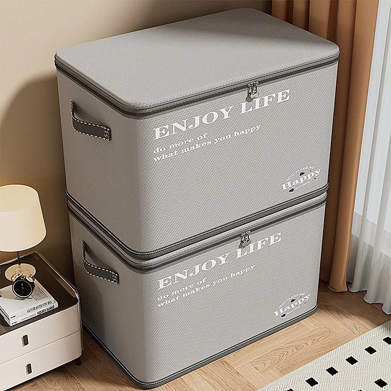 Heavy Duty Non Woven Closet Organizer Foldable Open Top Storage Bins With Faux Leather Handles For Winter Blankets And Toys Gray
