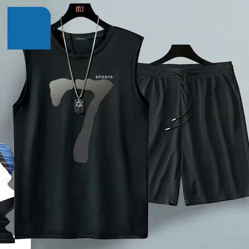Summer sleeveless basketball jersey, casual wear, breathable short-sleeved two-piece sports shirt + running shorts