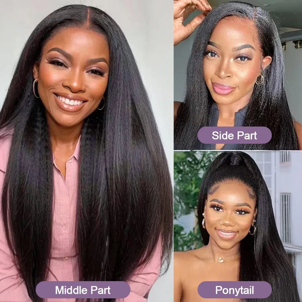 250 Density Black Yaki Straight Human Hair Wigs 13x6 HD Lace Frontal Kinky Straight Wig 7×5 Glueless Brazilian 360 Full Lace