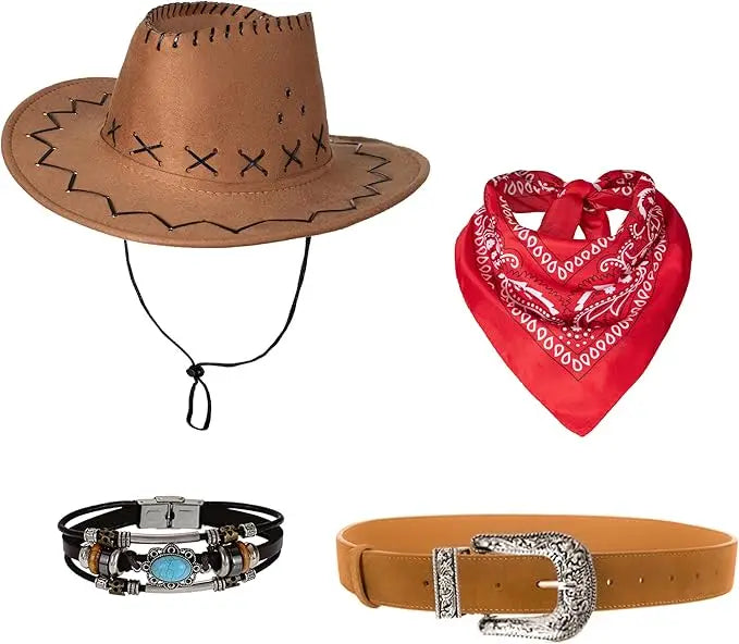 Women Men Cowgirl Costume Western Vest Hat Belt Bandana Set for Cowboy Tassels Fringe Vest Halloween Outfits Wild West Cosplay