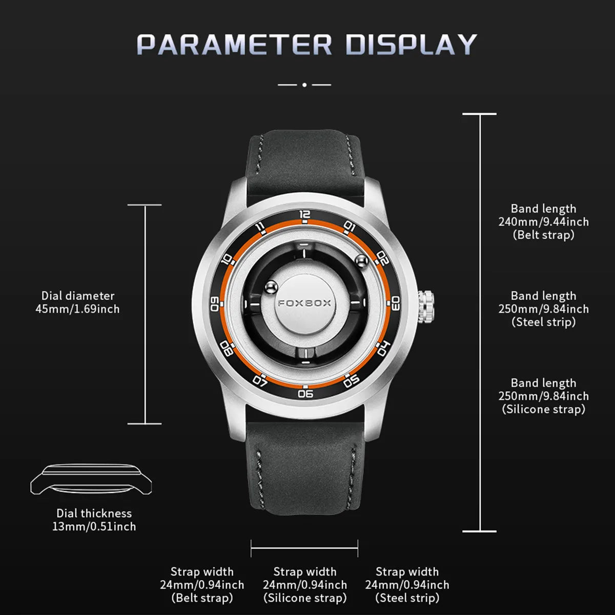 FOXBOX Magnetic Driven Watch Fashion Waterproof Quartz Wristwatch Rolling Steel Ball Pointer Sports Watches Military Clock+Box