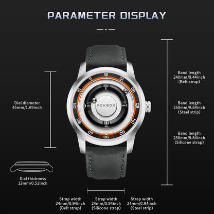 FOXBOX Magnetic Driven Watch Fashion Waterproof Quartz Wristwatch Rolling Steel Ball Pointer Sports Watches Military Clock+Box