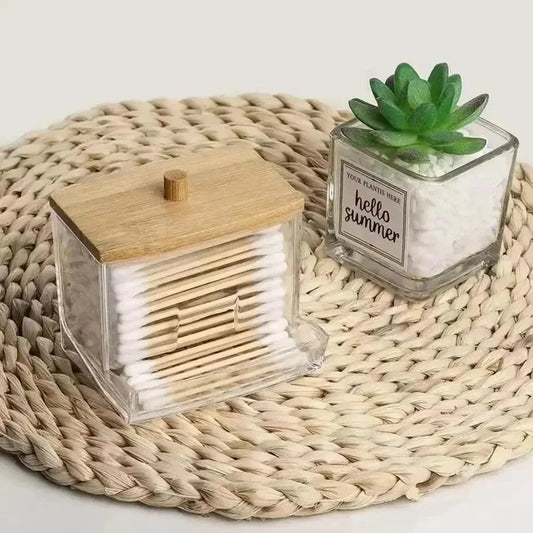 1Pc Clear Plastic Cotton Swab Holder with Bamboo Lid, Multifunctional Dispenser Jar, Dustproof Bathroom Storage Container for Co