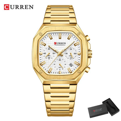 CURREN Luxury Square Chrono Watch for Men Classic Design Gold Accents on Black Dial Fashion Quartz Wristwatch Luminous Hands