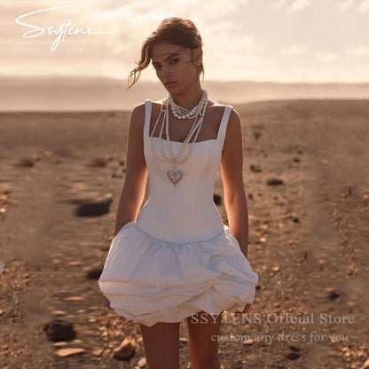 SSYTENS White Mini Wedding Dresses Women Square Collar Satin Bridal Dress Short Evening Wedding Ball Prom Gowns 2026 Customized
