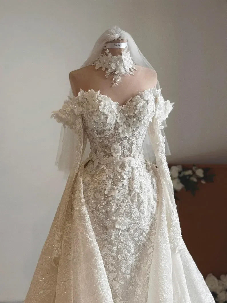 New Luxury Detachable Wedding Dress Off Shoulder 3D Floral Lace Beaded Mermaid Bridal Gown For Bride Formal Party Customize