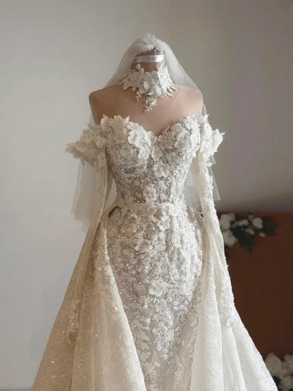 New Luxury Detachable Wedding Dress Off Shoulder 3D Floral Lace Beaded Mermaid Bridal Gown For Bride Formal Party Customize