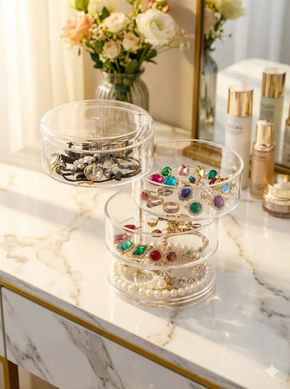 360 Rotating Jewelry Organizer Clear Plastic Storage Box Compact Multi-Layer Earring Ring Holder Dustproof Desktop Display Case
