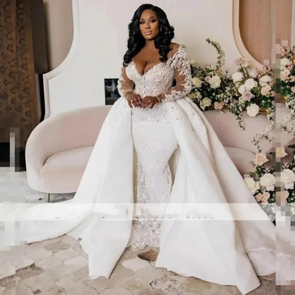 Luxury Mermaid Wedding Dresses Detachable Train V Neck Vintage Mermaid Bridal Dress Long Sleeves Vestidos De Novias Customized