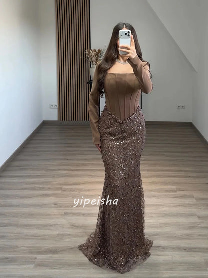 Customized High Quality Fashion Jersey Sequined Beading Mermaid Square Neck Long Dresses Bespoke Occasion Dresses Matching Sexy