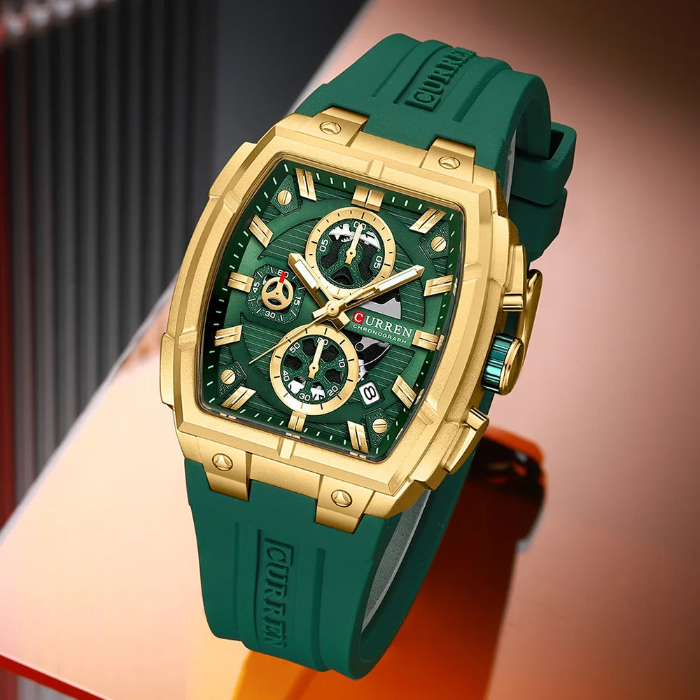 CURREN Luxury Vintage Watch for Men Sports Chronograph Quartz Wristwatches with Silicone Strap,Date,Luminous