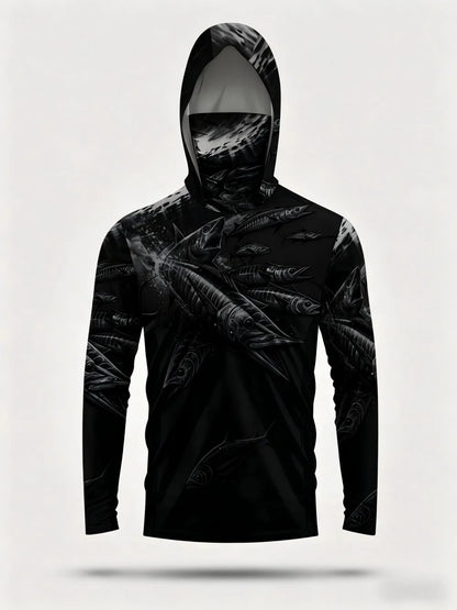 Men's summer fashion fish school print comfortable breathable hooded fishing suit long sleeved T-shirt outdoor casual top
