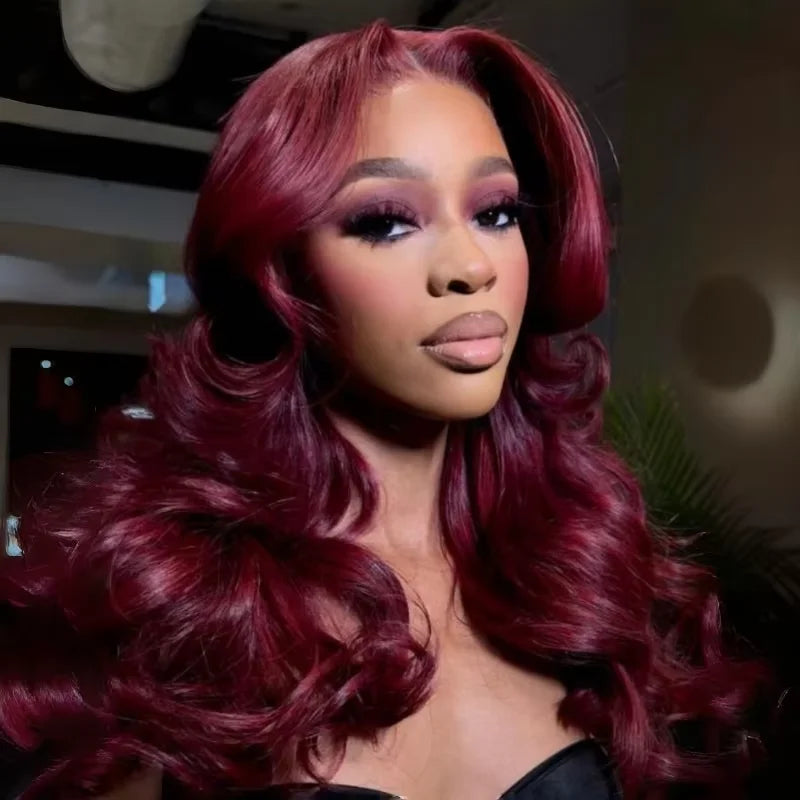 99J Dark Burgundy Colored Body Wave With Bangs Human Hair Wig 13x6 Lace Frontal Wig 13X6 Red Lace Front Human Hair Wigs 13X4 Burgundy 99J Lace Front Wigs Pre Plucked Black Women