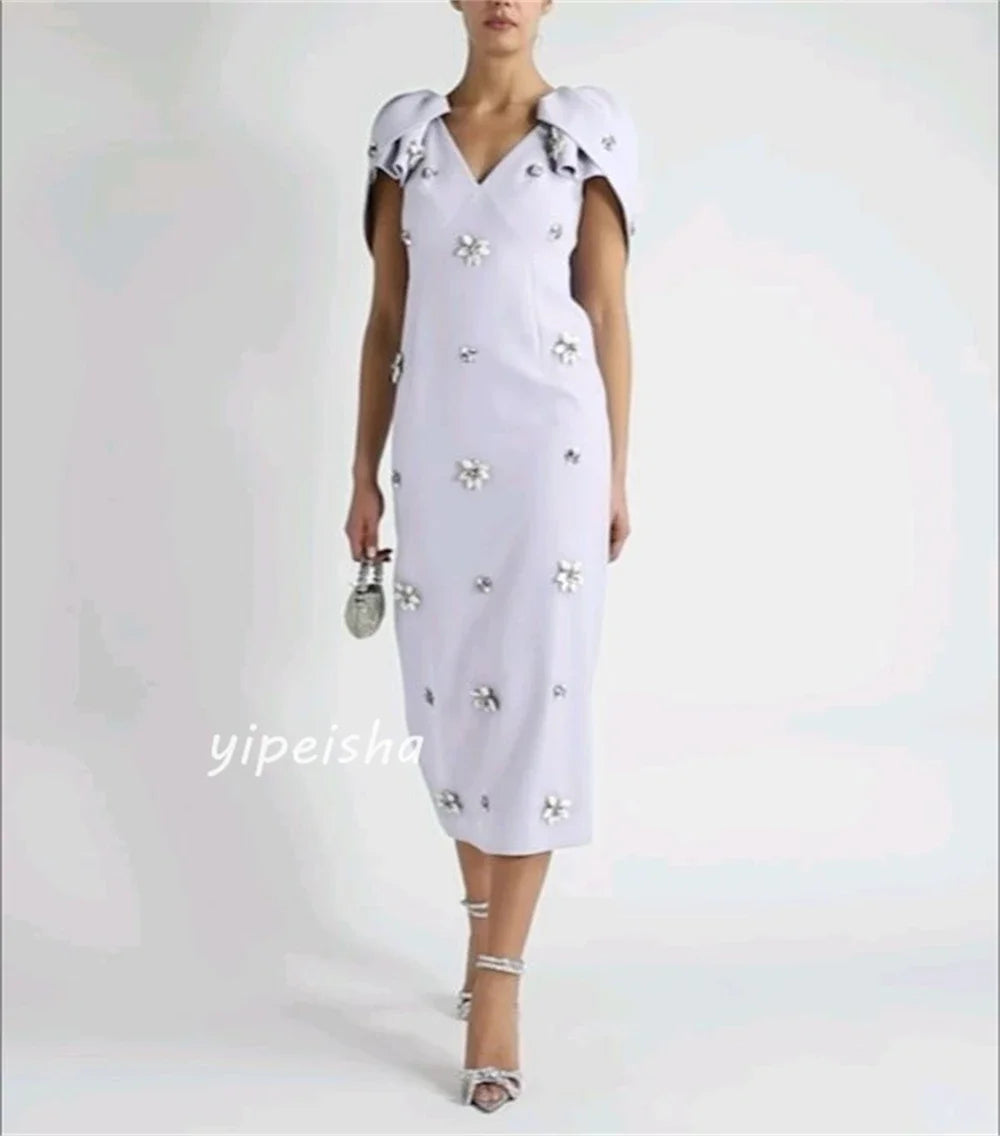Customized Jersey Flower Sequined Ruched Evening A-line V-neck Bespoke Occasion Gown Midi Dresses