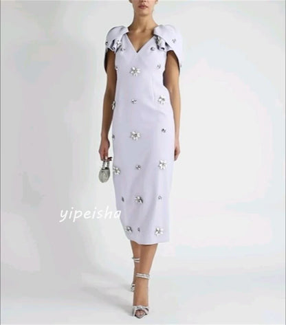 Customized Jersey Flower Sequined Ruched Evening A-line V-neck Bespoke Occasion Gown Midi Dresses