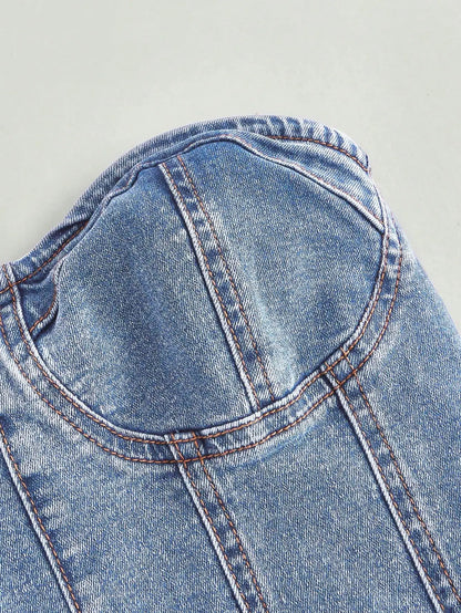 European style plunging neck denim spring new style sexy and intense allure fitted waist shaping design