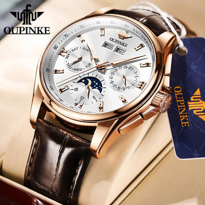 OUPINKE Men's Watches Casual Trend Leather Strap Original Automatic Mechanical Watch for Man Waterproof Moon Phase Calendar New
