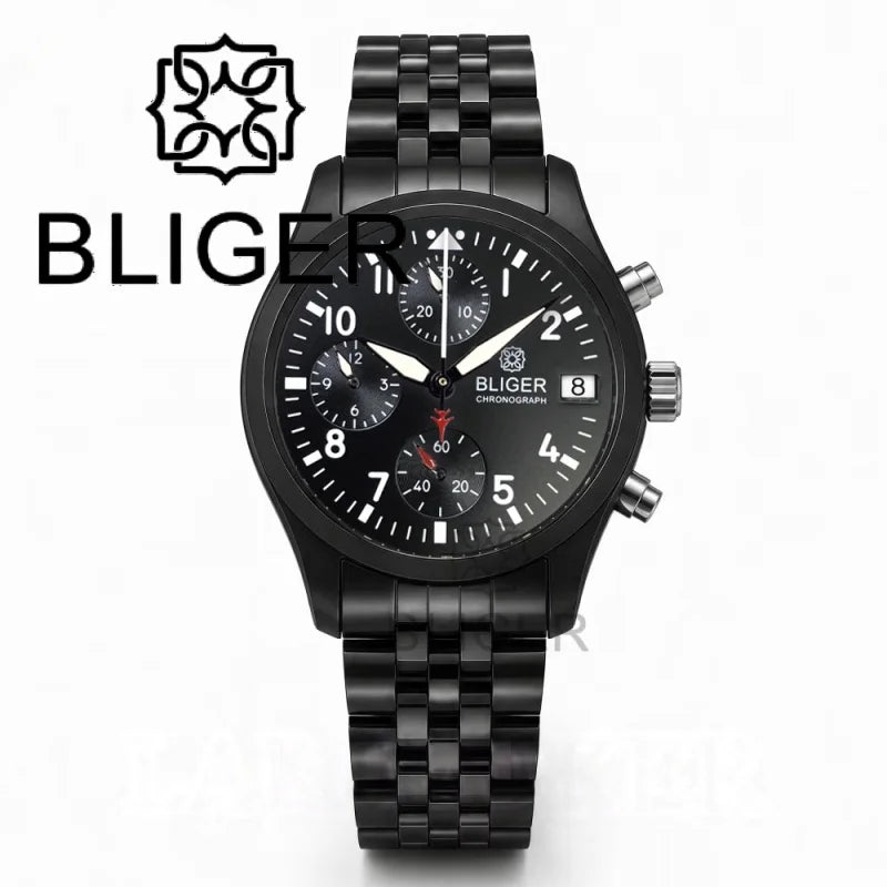 BLIGER Full Black Brushed 38mm VK67 Quartz Aviator Chronograph Watch For Men Domed Sapphire Glass Luminous Dial Waterproof Date