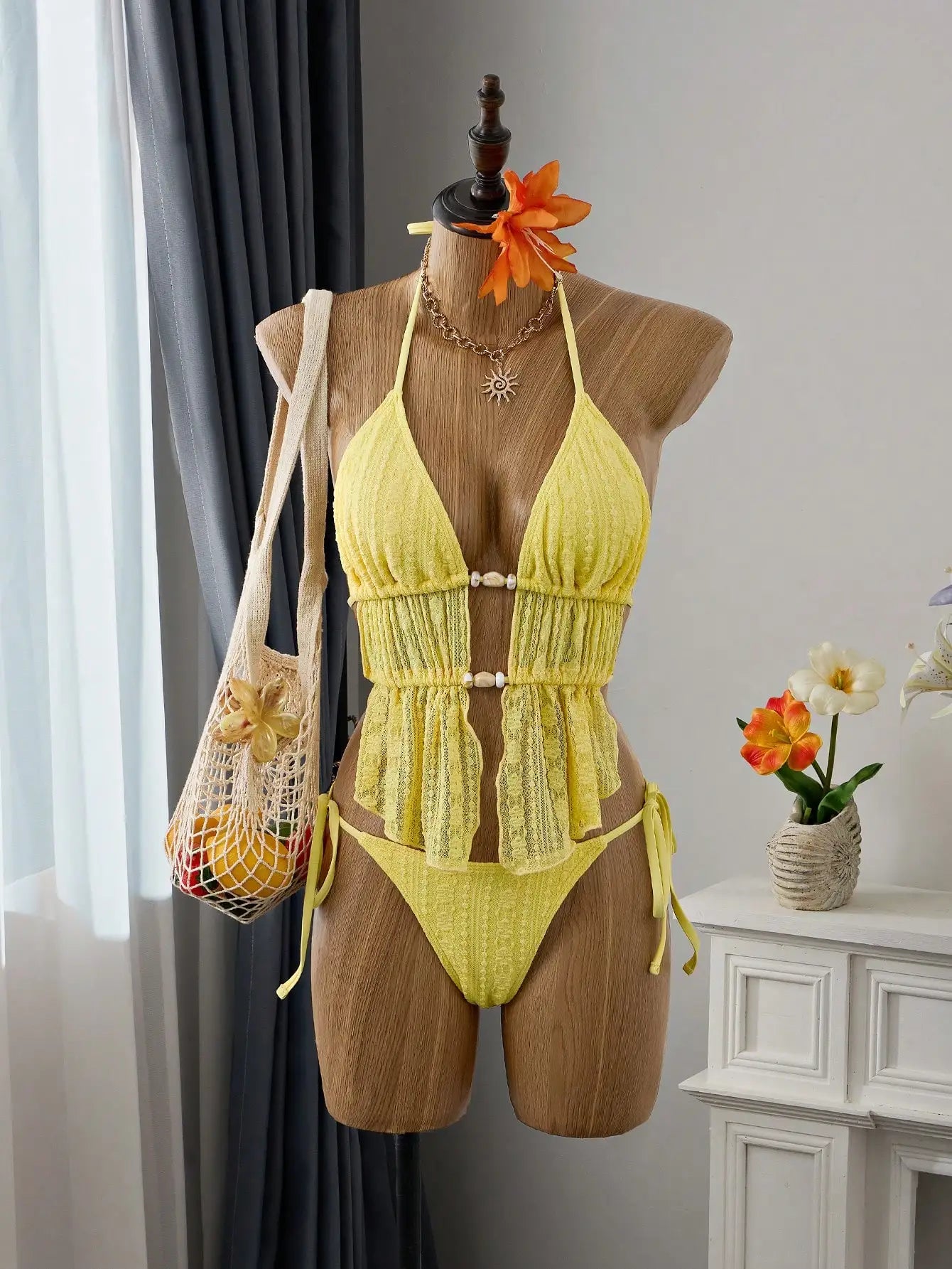 Cream Lace Halter Neck Tankini Set With Beaded Detail And Tie Side Bottoms
