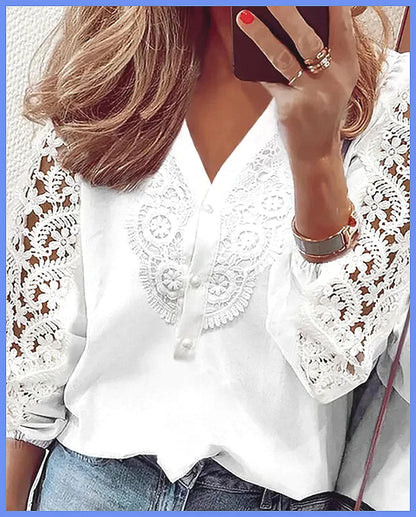 Elegant White Lace Hollow Panel Long Sleeve Blouse for Women, Office Lady Solid Top