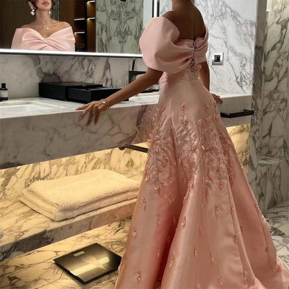 Customized  فساتين مناسبة رسمية V Neck Off the Shoulder Beads 3D Flowers Satin Formal Occasion Evening Gown Arabia  سهرة