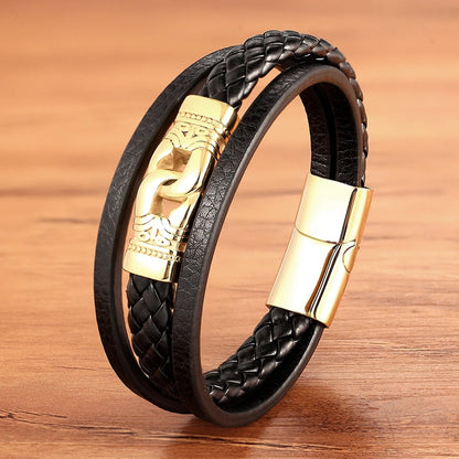 XQNI Luxury Vintage Multilayer Leather Men Bracelet Bead Bracelet Stainless Steel Charm Jewelry Male Wrist Bangle Birthday Gift