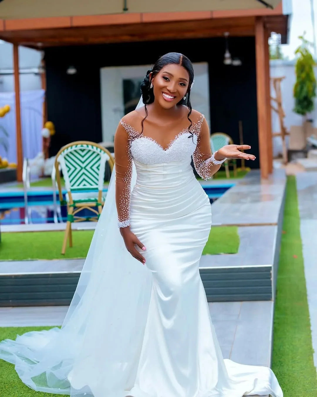 African White Mermaid Wedding Dress Sexy Transparent Illusion Long Sleeve Bridal Dress Beaded Pleat Detachable Tail Customized