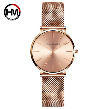 Women's Watch Hannah Martin Brand Stainless Steel Mesh Strap 36mm Silver Minimalist Dial Japanese Quartz Movement 6.9mm Slim Clock 3Bar Life Waterproof Local Fast Shipping Women Watch