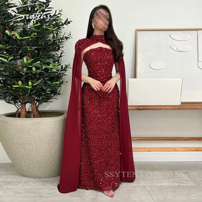 SSYTENS Elegant Red Formal Dress Shiny Sequined Wedding Evening Gowns Cape Sleeves Long Saudi Arabia Prom Dresses Customized