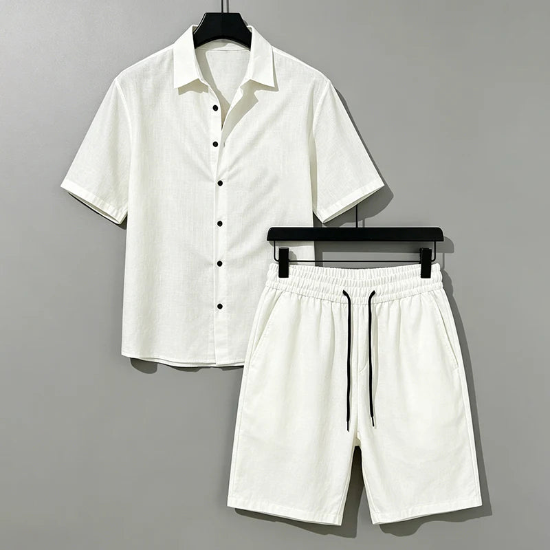 Men Linen Two Piece Outfit Short Sleeve Lapel Button Shirt Elastic Drawstring Shorts Summer Daily Seaside Vacation Casual Set