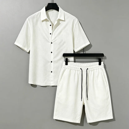 Men Linen Two Piece Outfit Short Sleeve Lapel Button Shirt Elastic Drawstring Shorts Summer Daily Seaside Vacation Casual Set