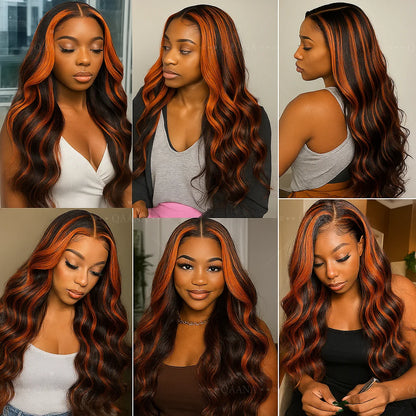 200% Ginger Brown Highlight Wig Human Hair Body Wave Pre Plucked Lace Front Wigs Ombre Ginger Orange Colored 5x5 Glueless Wigs