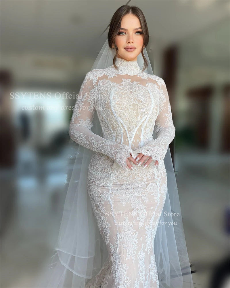 SSYTENS Lace Wedding Dresses High Neck Long Mermaid Bride Dress Saudi Arabia Bridal Gown Customized Luxurious vestidos de novia