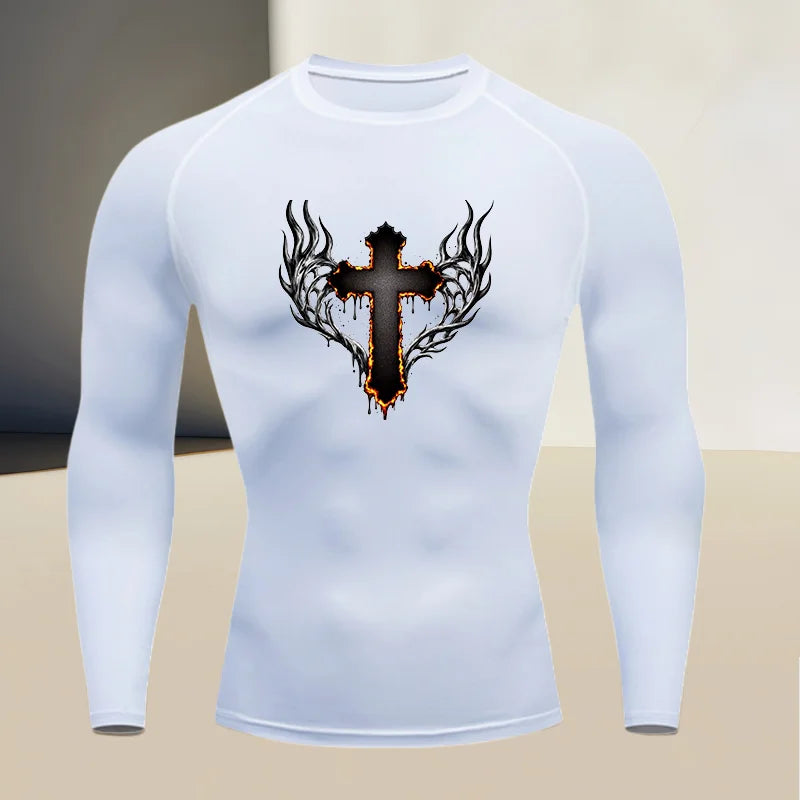 Men's round neck quick drying compression long sleeved printed top - a must-have for high stretch fitness and outdoor sports