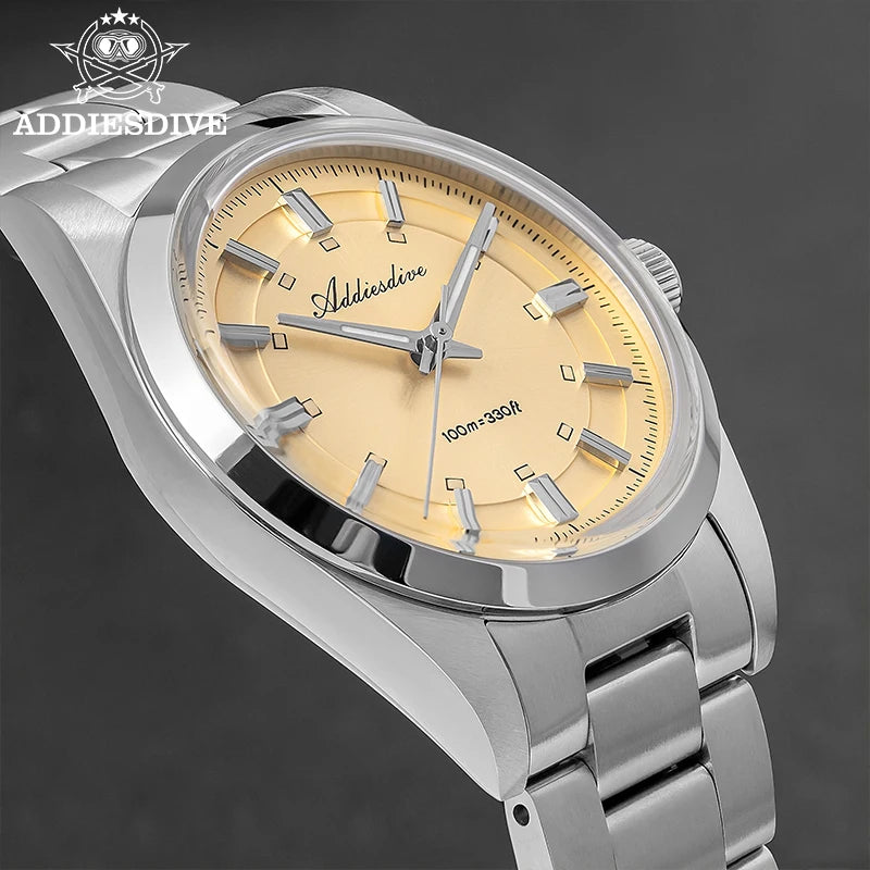 ADDIESDIVE Luxury Men Quartz Watch 36mm Super Luminous Bubble Mirror Glass Waterproof Watches For Man Stainless Steel Watch Male