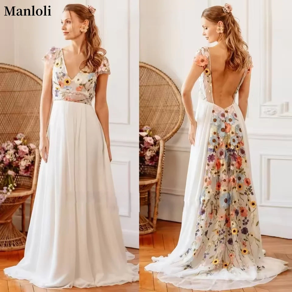 2025 New V-neck Embroidered Chiffon Wedding Dress Colored Decal Dew Back A-line Bridal Dress Customization