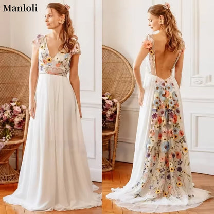 2025 New V-neck Embroidered Chiffon Wedding Dress Colored Decal Dew Back A-line Bridal Dress Customization