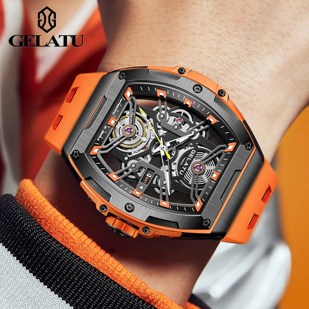 GELATU Men's Watches Trend Fashion Hollow Out Self-winding Automatic Mechanical Wristwatch Sapphire Mirror Waterproof Luminous