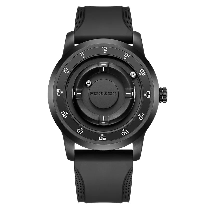 FOXBOX Magnetic Driven Watch Fashion Waterproof Quartz Wristwatch Rolling Steel Ball Pointer Sports Watches Military Clock+Box