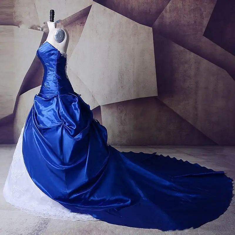 Chapel White And Royal Blue Satin Wedding Dresses Sweetheart Ruched Lace-Up Corset Plus Size Long Bridal Gowns Customized