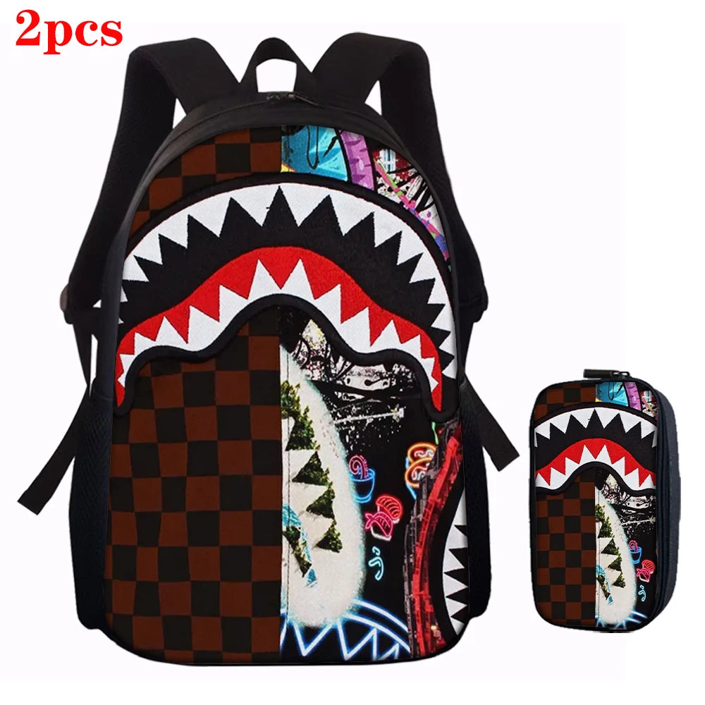 1/2/3/4/5PCS Trendy Shark Graphic Backpack Set | Perfect for School & Daily Adventures