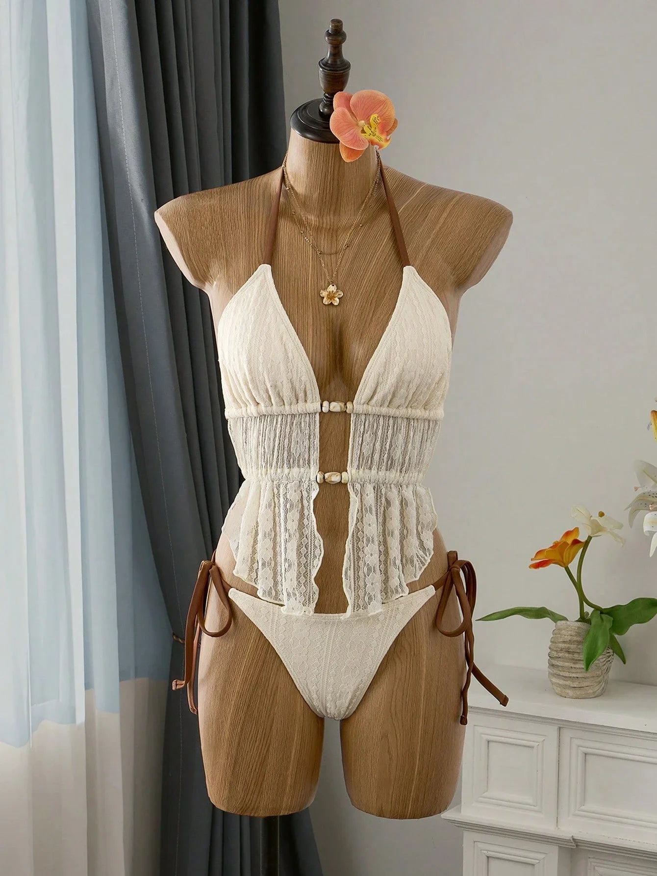 Cream Lace Halter Neck Tankini Set With Beaded Detail And Tie Side Bottoms